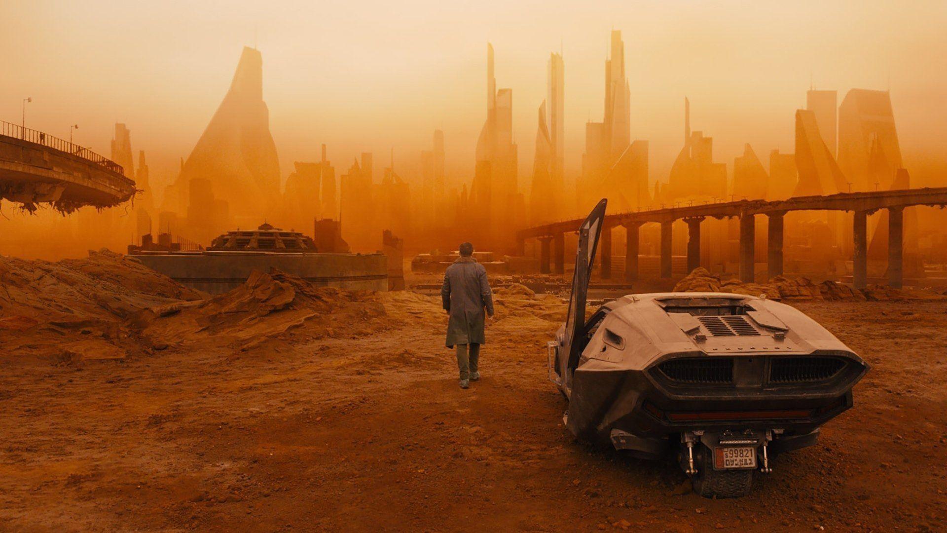 cover of bladerunner movie. a man and a car looking at dystopian city